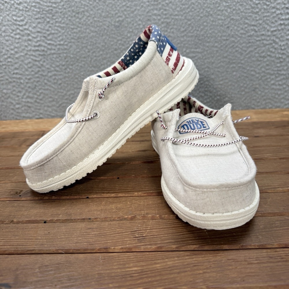 Hey Dude Shoes Youth 4 Off White Patriotic Wally Slip On Loafers American Flag - Picture 8 of 11